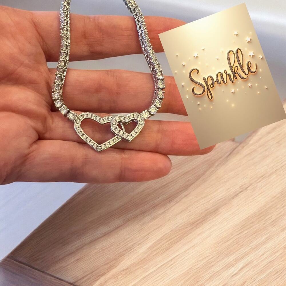 Vintage Women's Sterling Silver Cubic Zirconia Heart Line Necklace - Rare Find!